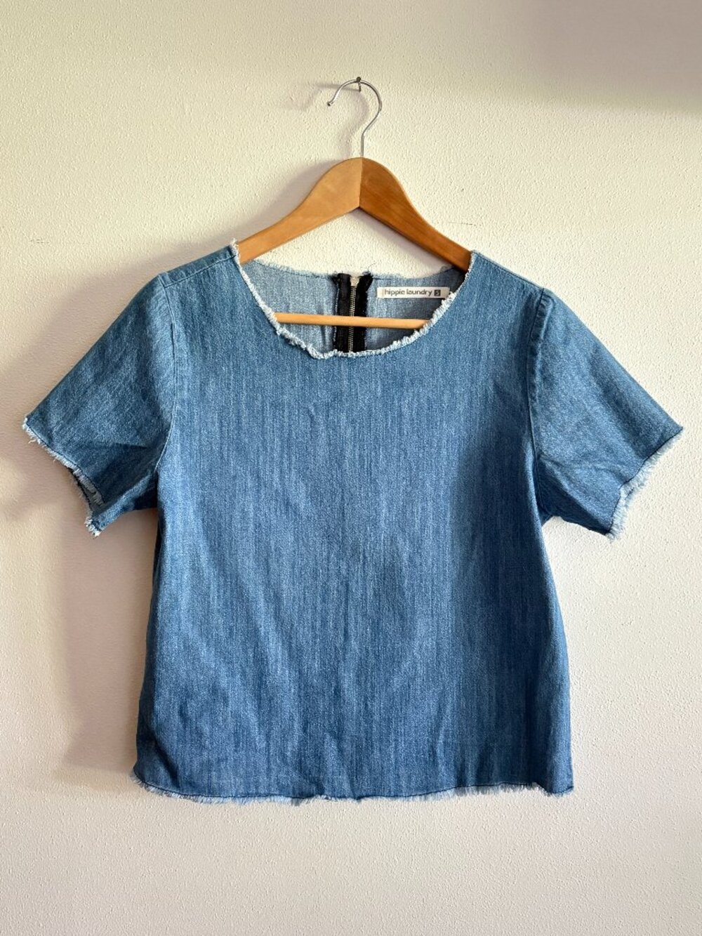 Hippie Laundry Blue Denim Short Sleeve Top with Frayed Hem – Size Small (S)